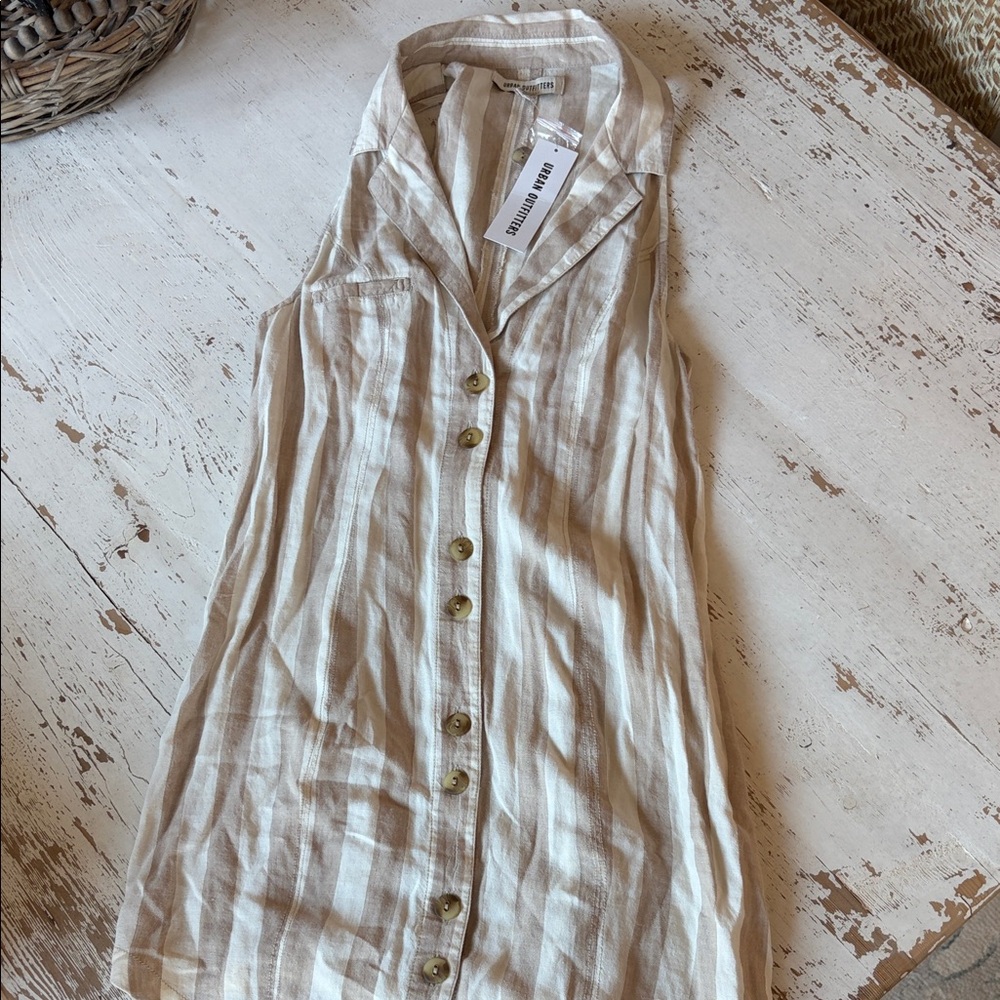 Urban Outfitters Sleeveless Button-Front Linen Dress in Beige Stripe